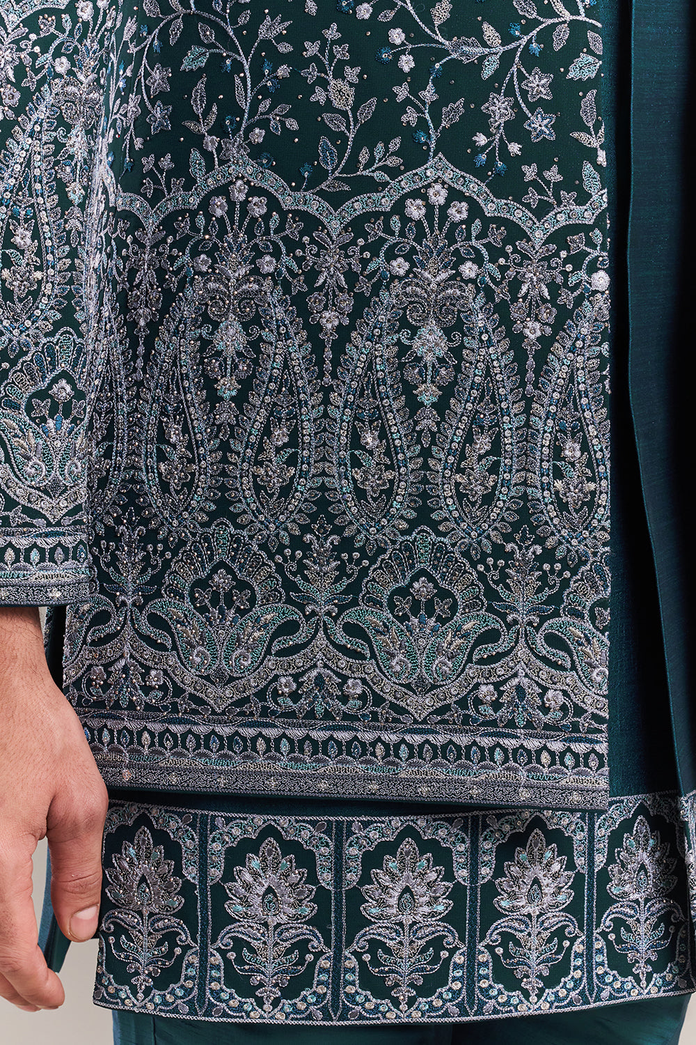 Teal Blue Silk Blend Resham Work Men's Indo-Western Set