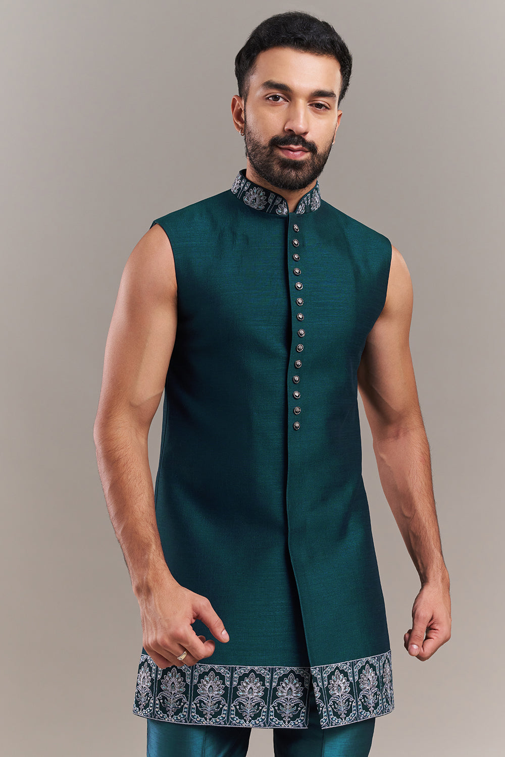 Teal Blue Silk Blend Resham Work Men's Indo-Western Set