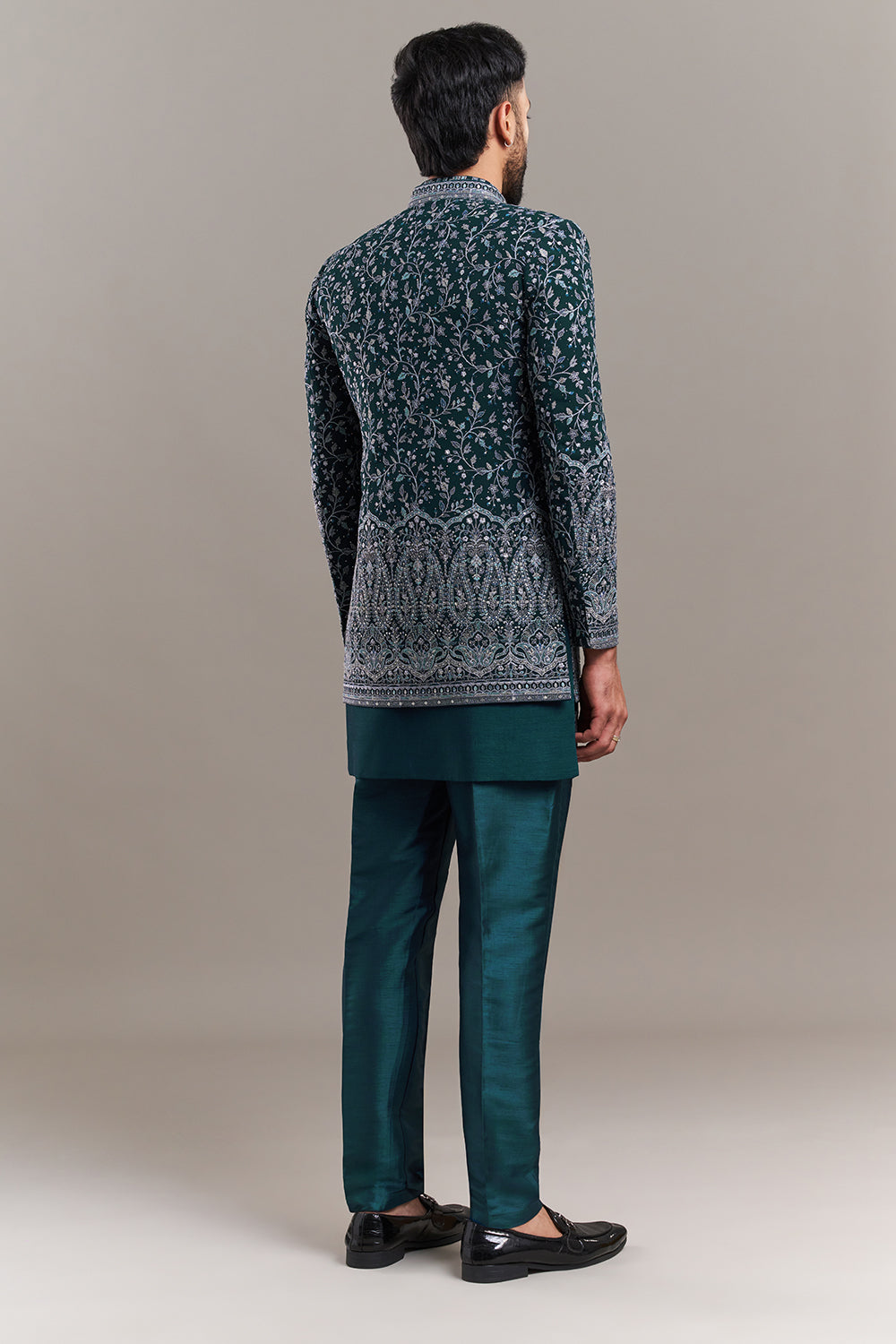 Teal Blue Silk Blend Resham Work Men's Indo-Western Set