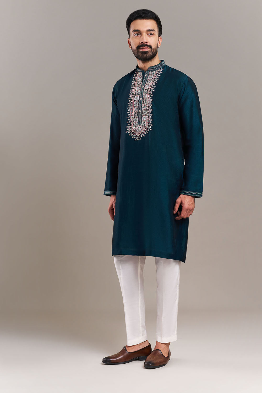 Teal Blue Silk Blend Yoke Panel Men's Kurta Set