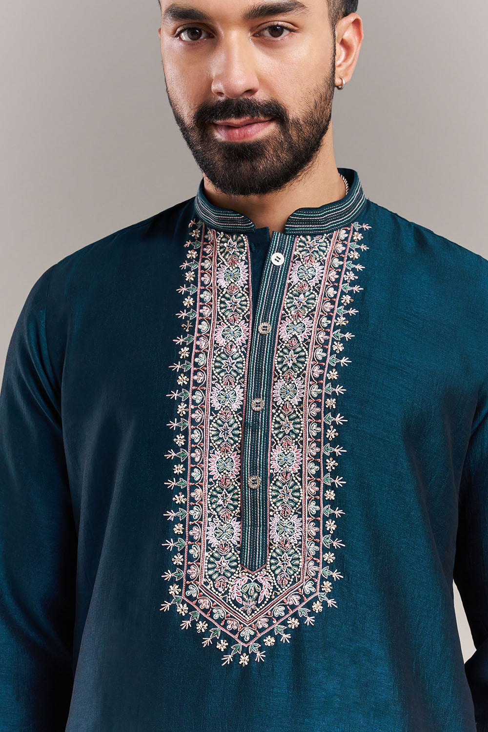 Teal Blue Silk Blend Yoke Panel Men's Kurta Set