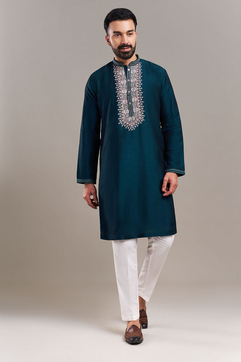 Teal Blue Silk Blend Yoke Panel Men's Kurta Set