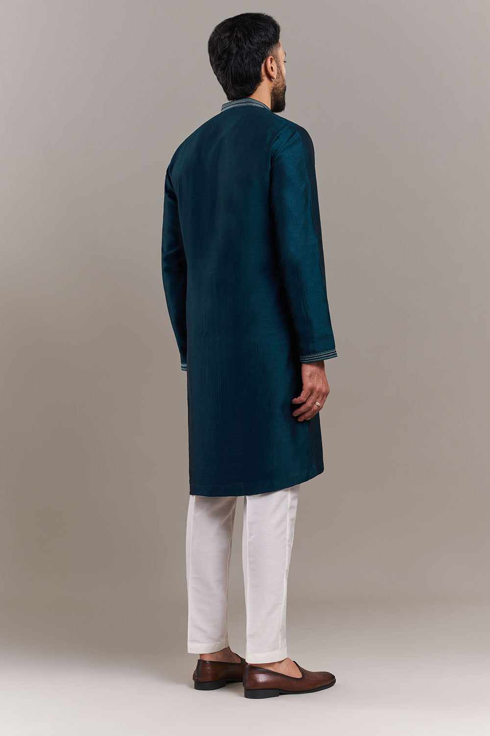Teal Blue Silk Blend Yoke Panel Men's Kurta Set