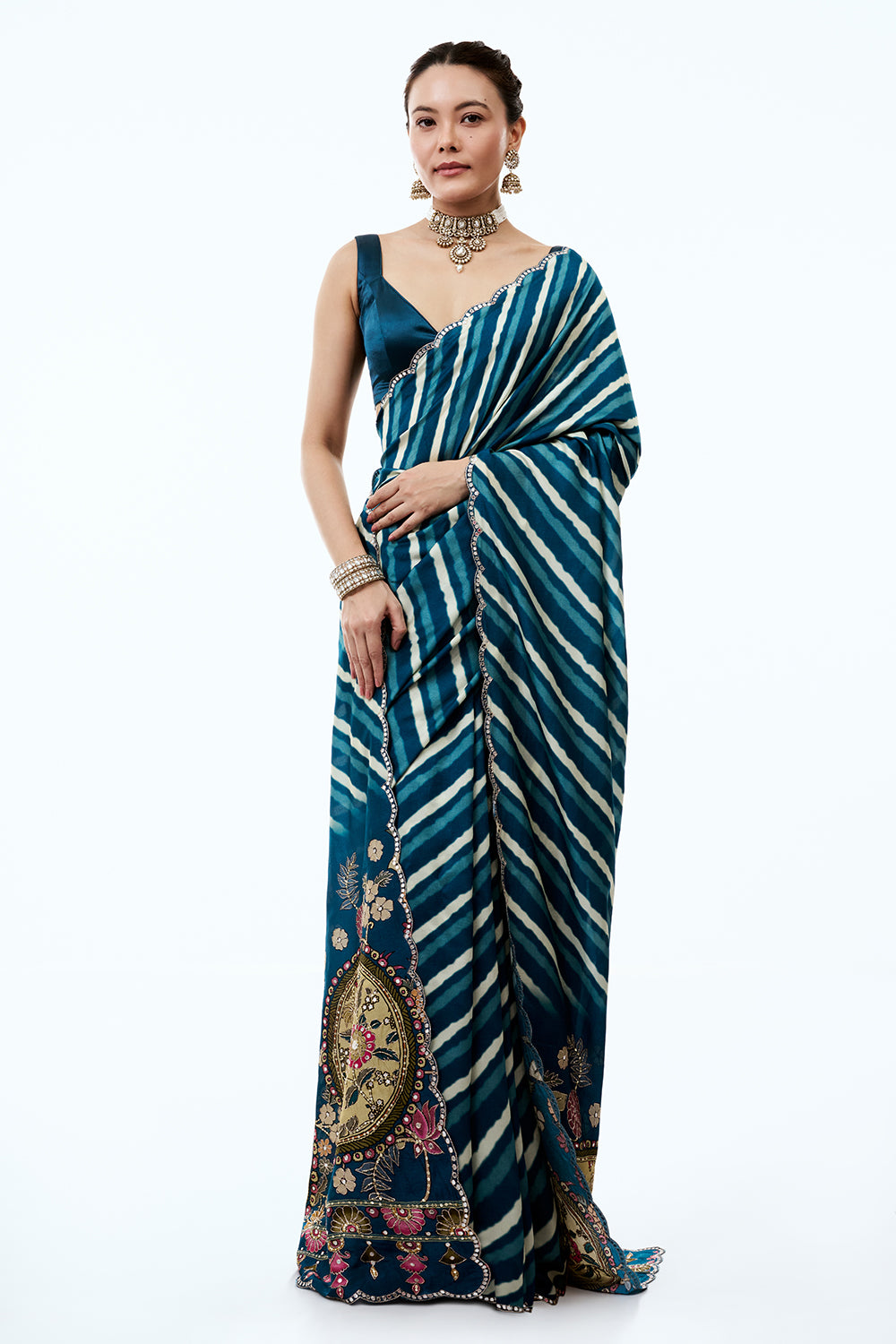 Teal Blue Silk Leheriya Saree with Floral Pallu and Unstitched Blouse