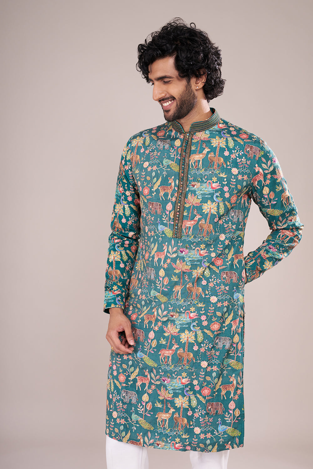 Teal Blue Silk Men's Kurta Set with Multicolour Wildlife-Inspired Threadwork