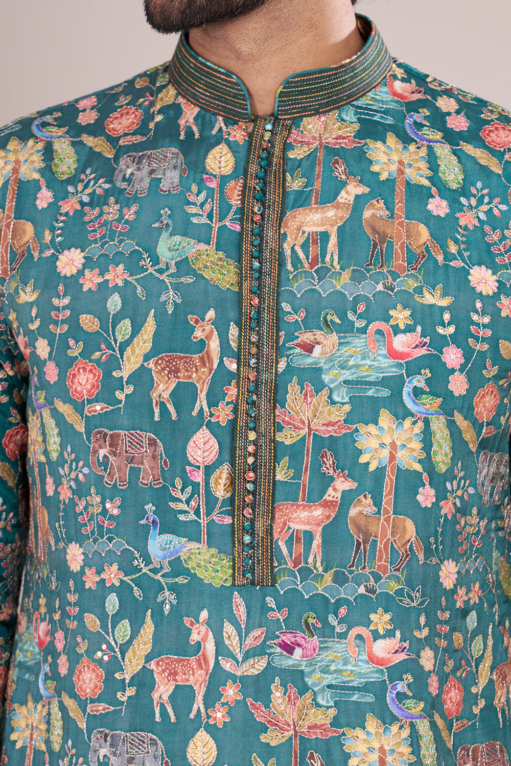 Teal Blue Silk Men's Kurta Set with Multicolour Wildlife-Inspired Threadwork