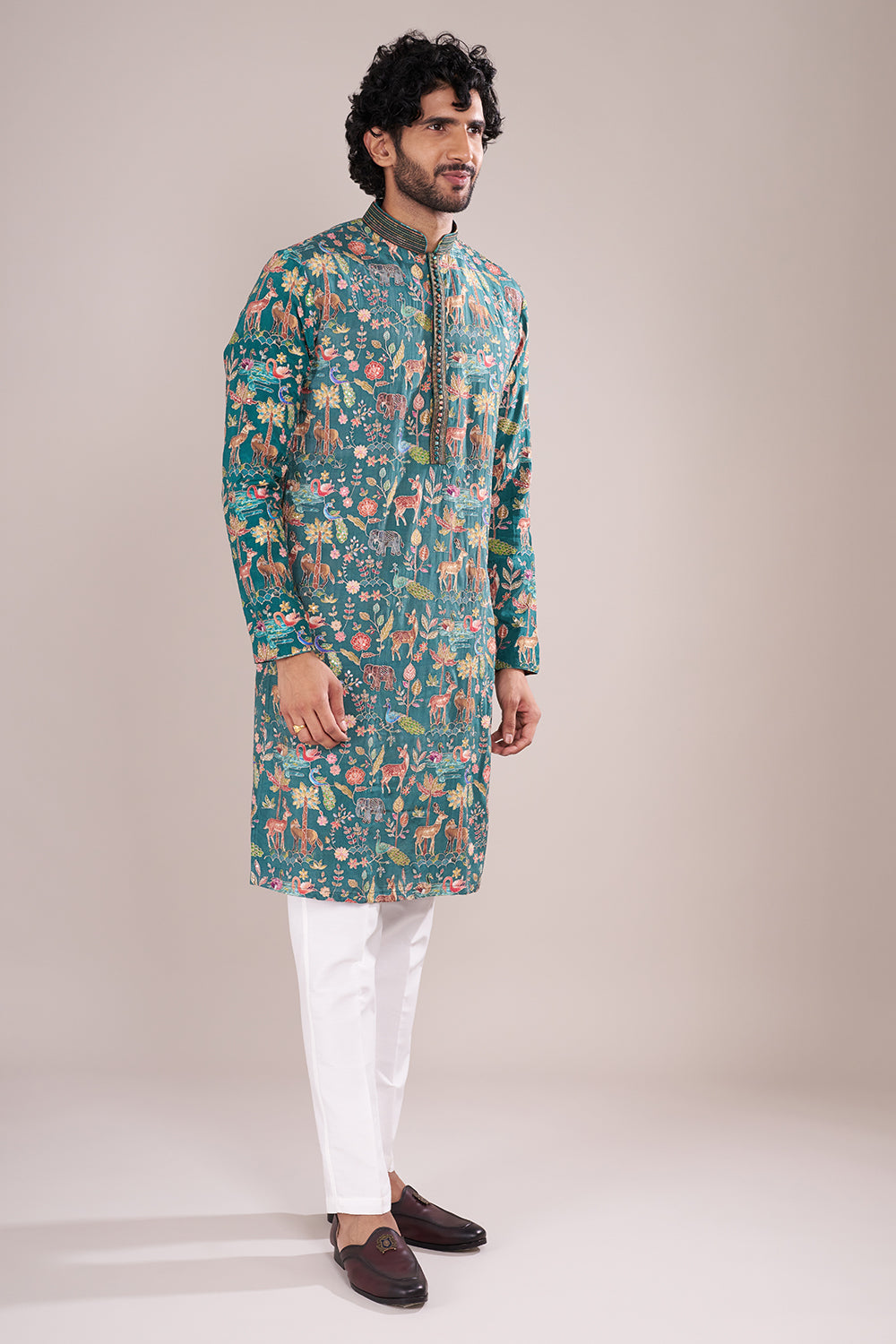 Teal Blue Silk Men's Kurta Set with Multicolour Wildlife-Inspired Threadwork