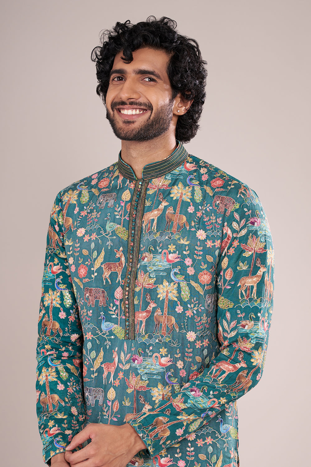 Teal Blue Silk Men's Kurta Set with Multicolour Wildlife-Inspired Threadwork