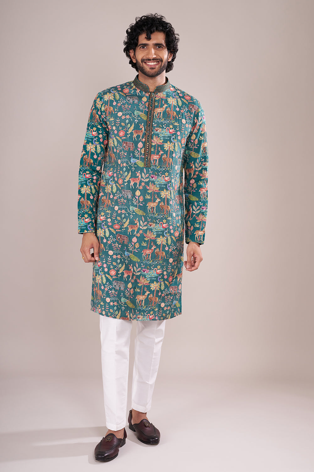 Teal Blue Silk Men's Kurta Set with Multicolour Wildlife-Inspired Threadwork