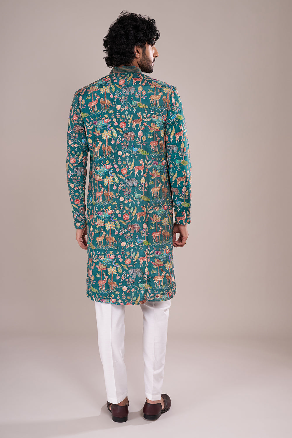 Teal Blue Silk Men's Kurta Set with Multicolour Wildlife-Inspired Threadwork