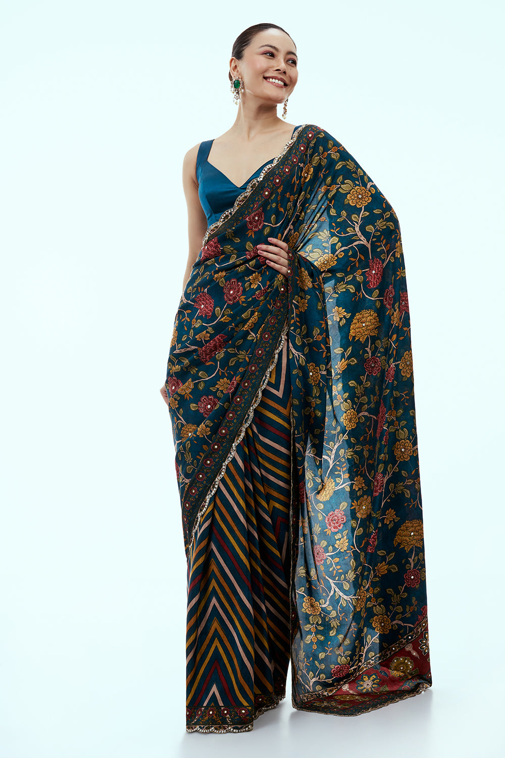 Teal Blue Silk Printed Saree with Butti Work and Unstitched Blouse