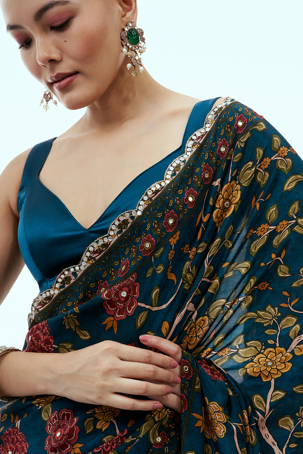 Teal Blue Silk Printed Saree with Butti Work and Unstitched Blouse