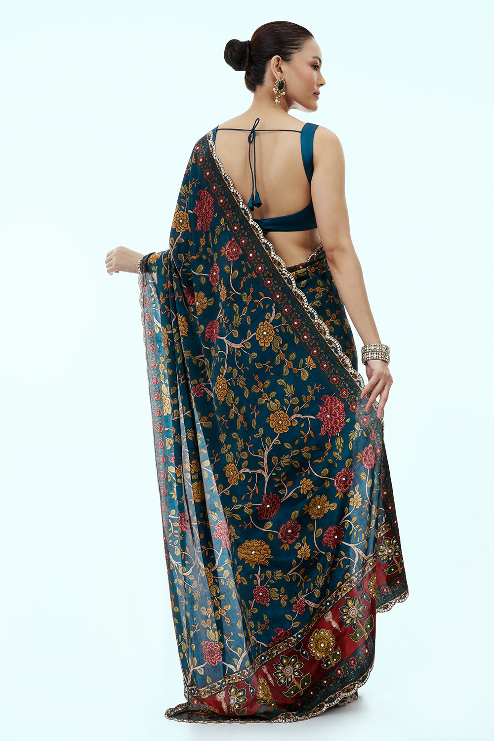 Teal Blue Silk Printed Saree with Butti Work and Unstitched Blouse