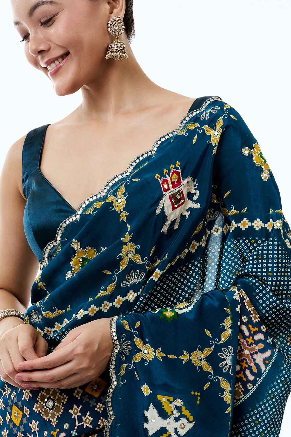 Teal Blue Silk Printed Saree with Traditional Motifs and Unstitched Blouse