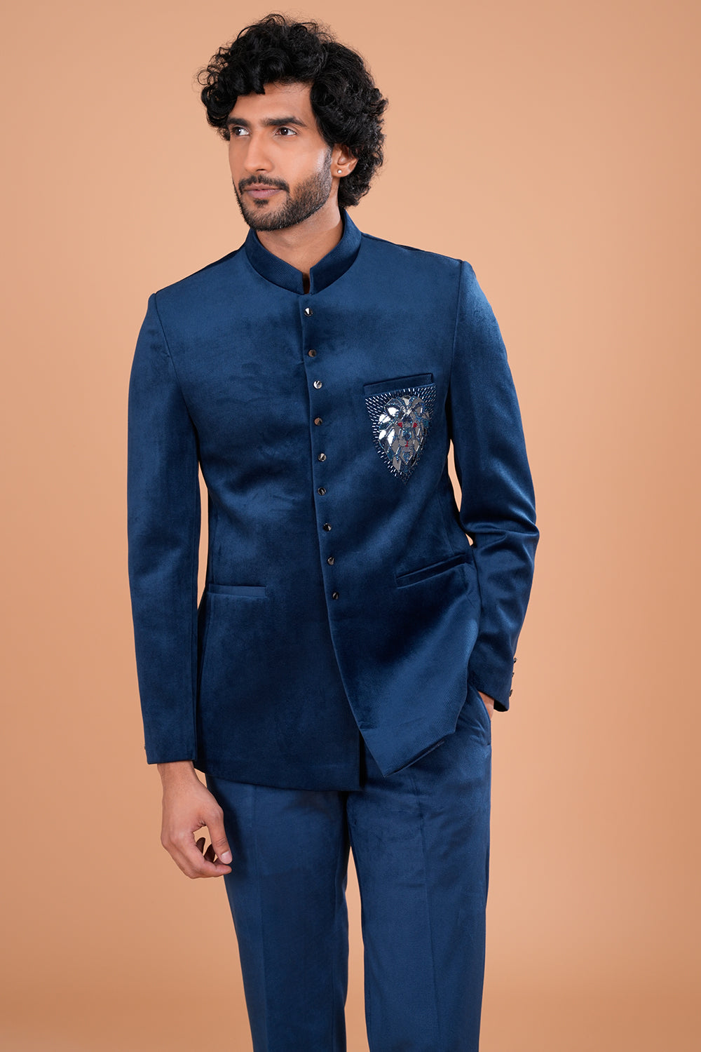 Teal Blue Suede Jodhpuri Set