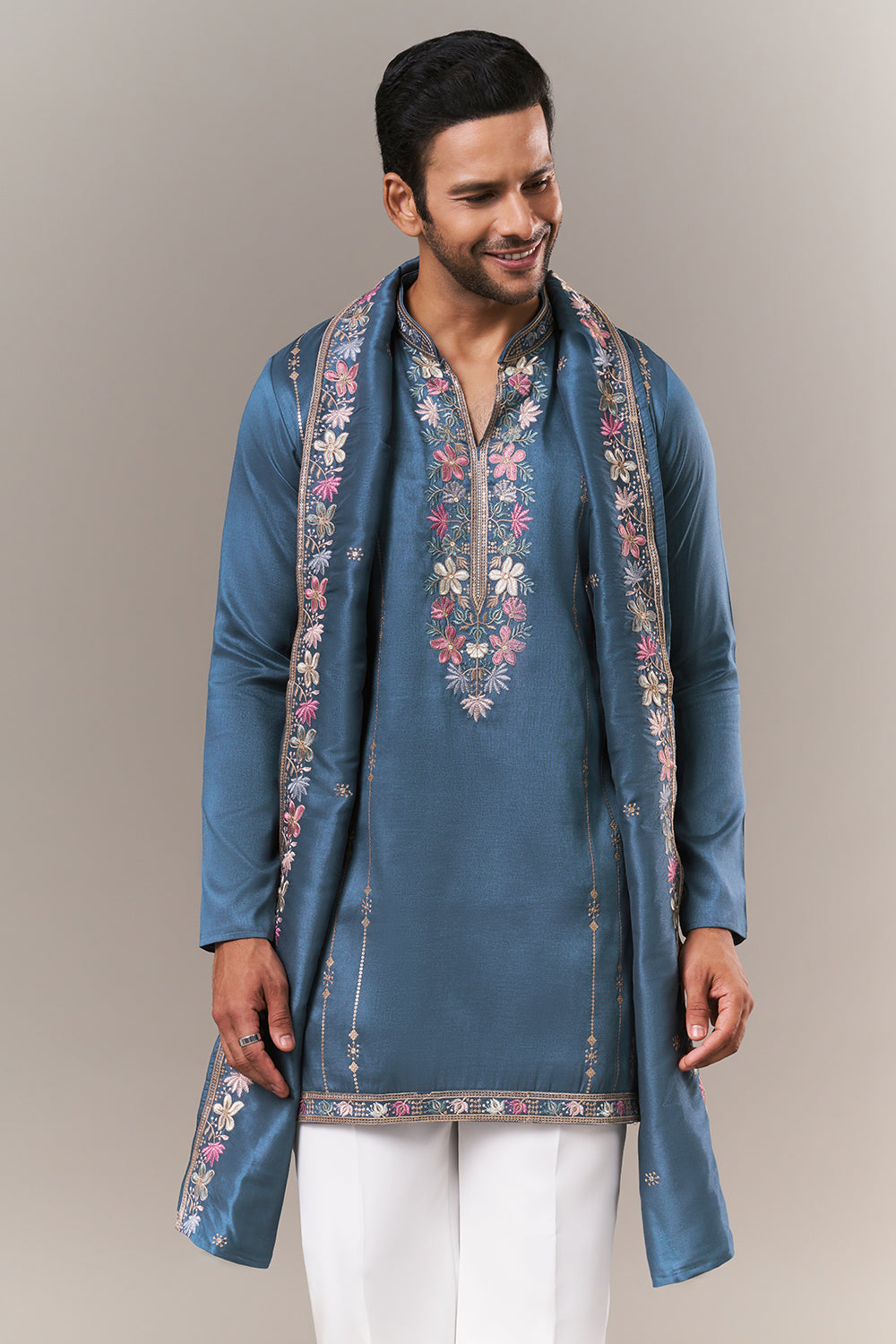 Teal Blue Tussar Silk Mens Kurta Set with Colourful Embroidery