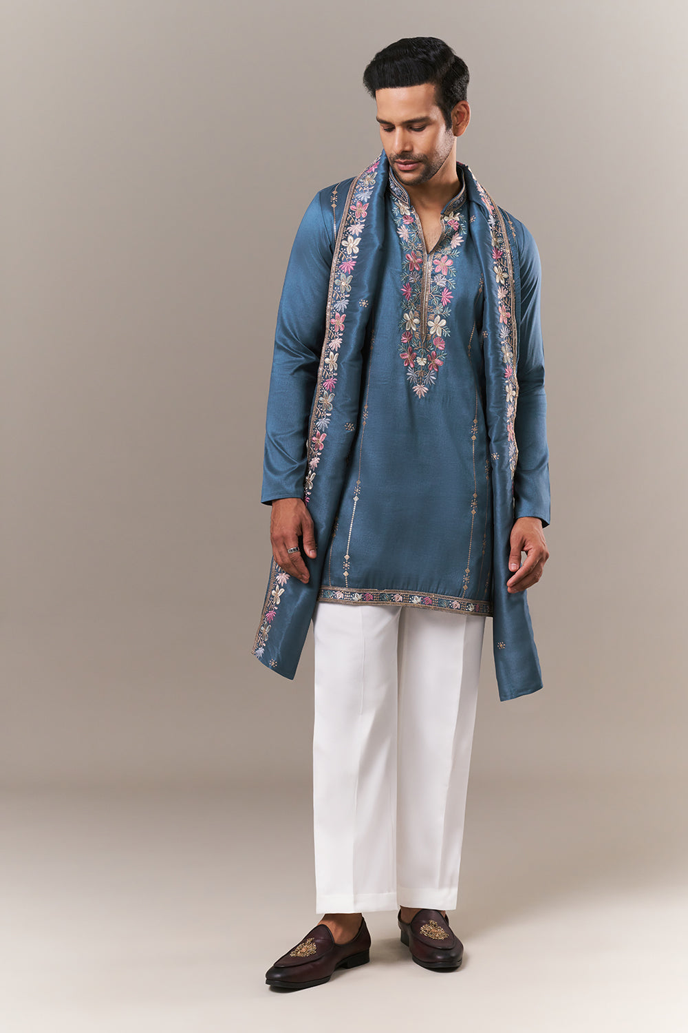 Teal Blue Tussar Silk Mens Kurta Set with Colourful Embroidery