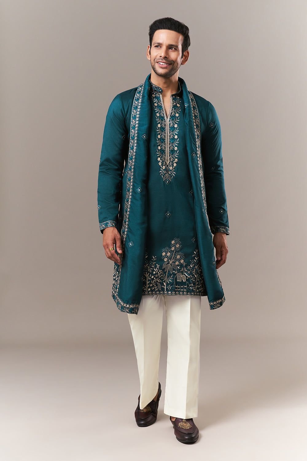 Teal Blue Tussar Silk Mens Kurta Set with Zari and Resham Work