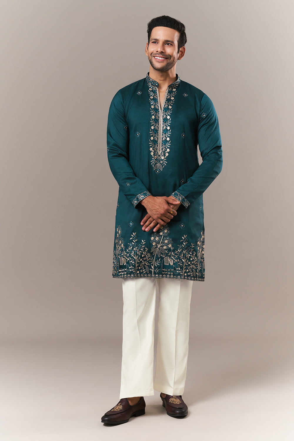 Teal Blue Tussar Silk Mens Kurta Set with Zari and Resham Work