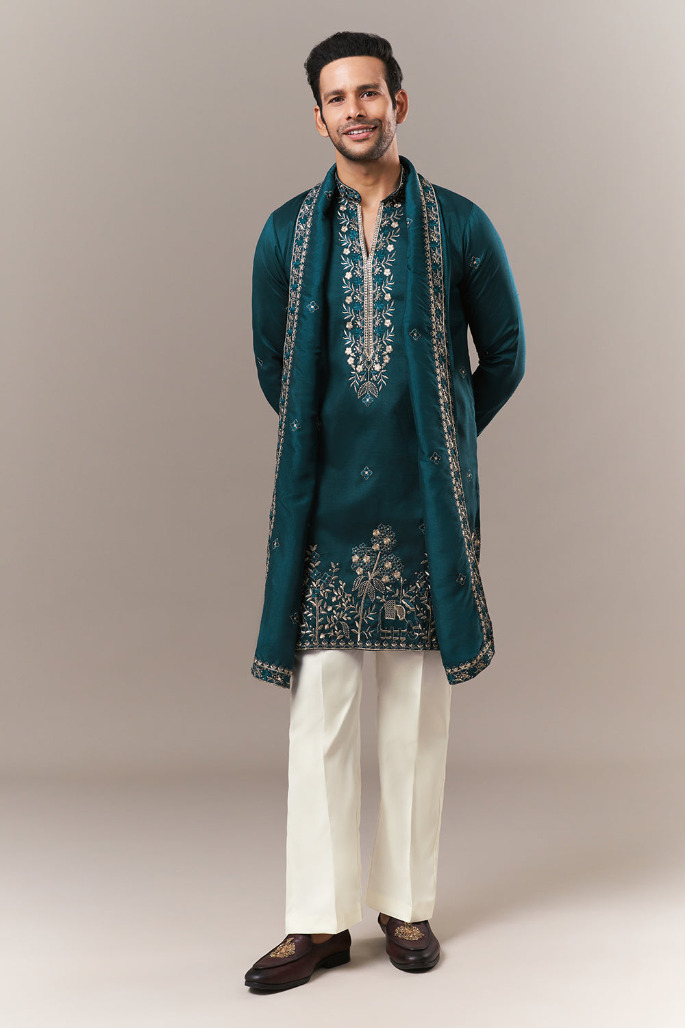 Teal Blue Tussar Silk Mens Kurta Set with Zari and Resham Work
