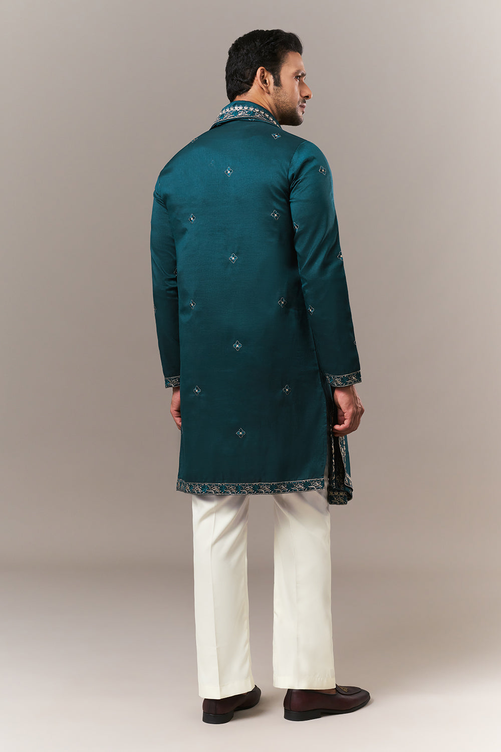 Teal Blue Tussar Silk Mens Kurta Set with Zari and Resham Work