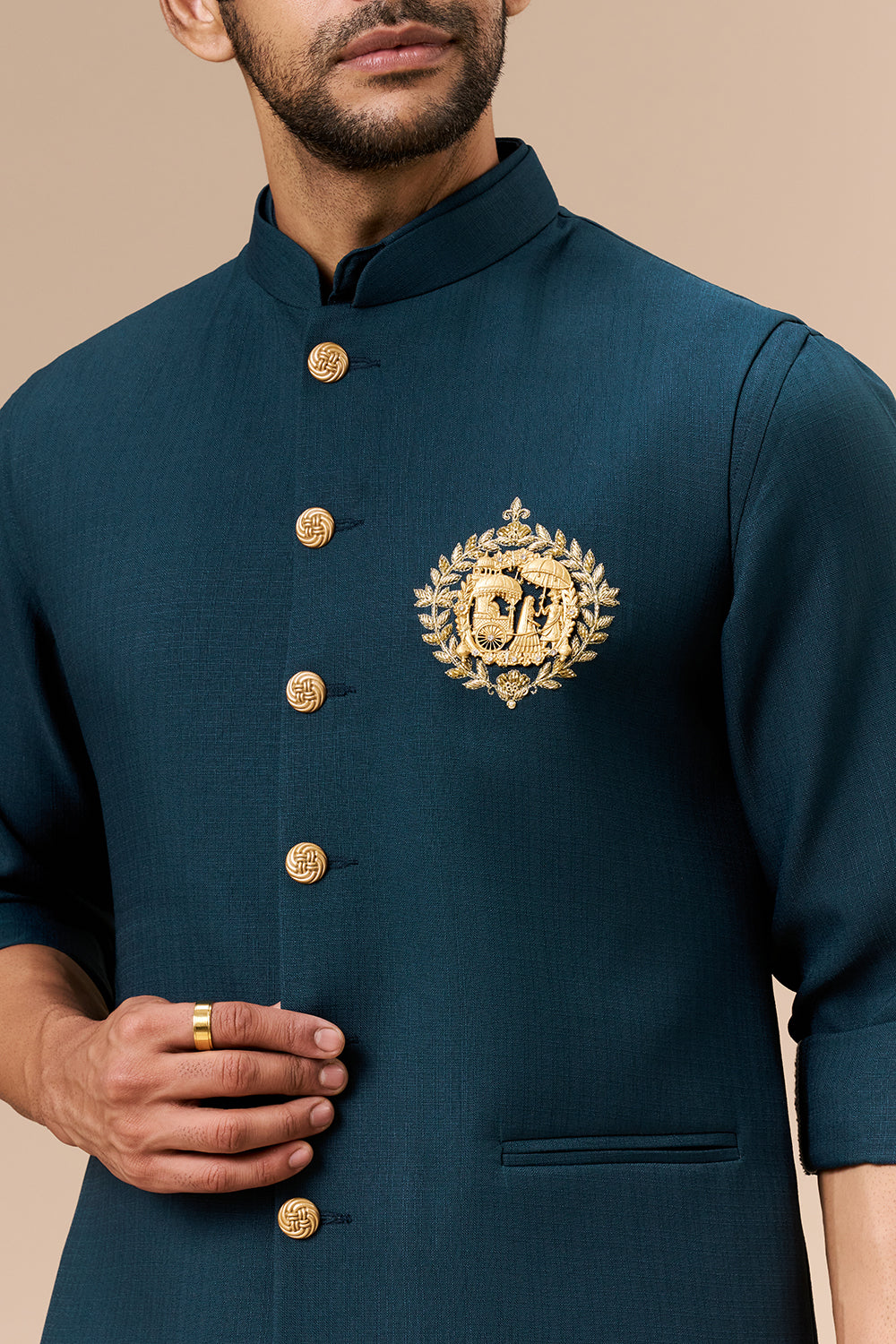 Teal Cotton Silk Embroidered Bundi Set with Zardosi Crest Motif