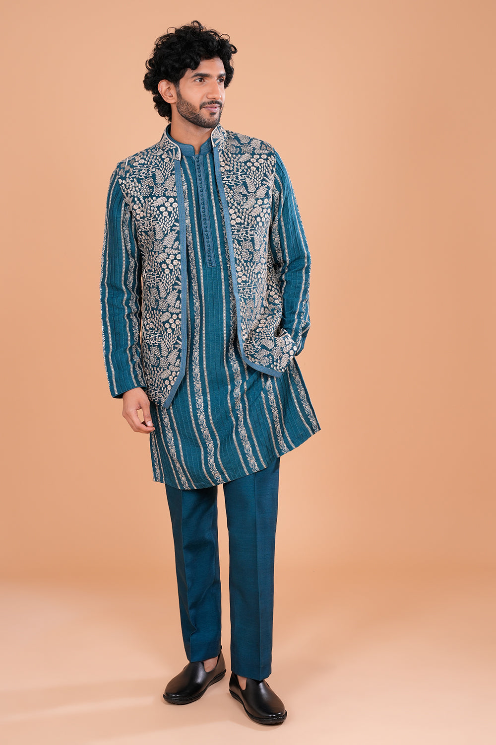 Teal Embroidered Statement Bundi Set