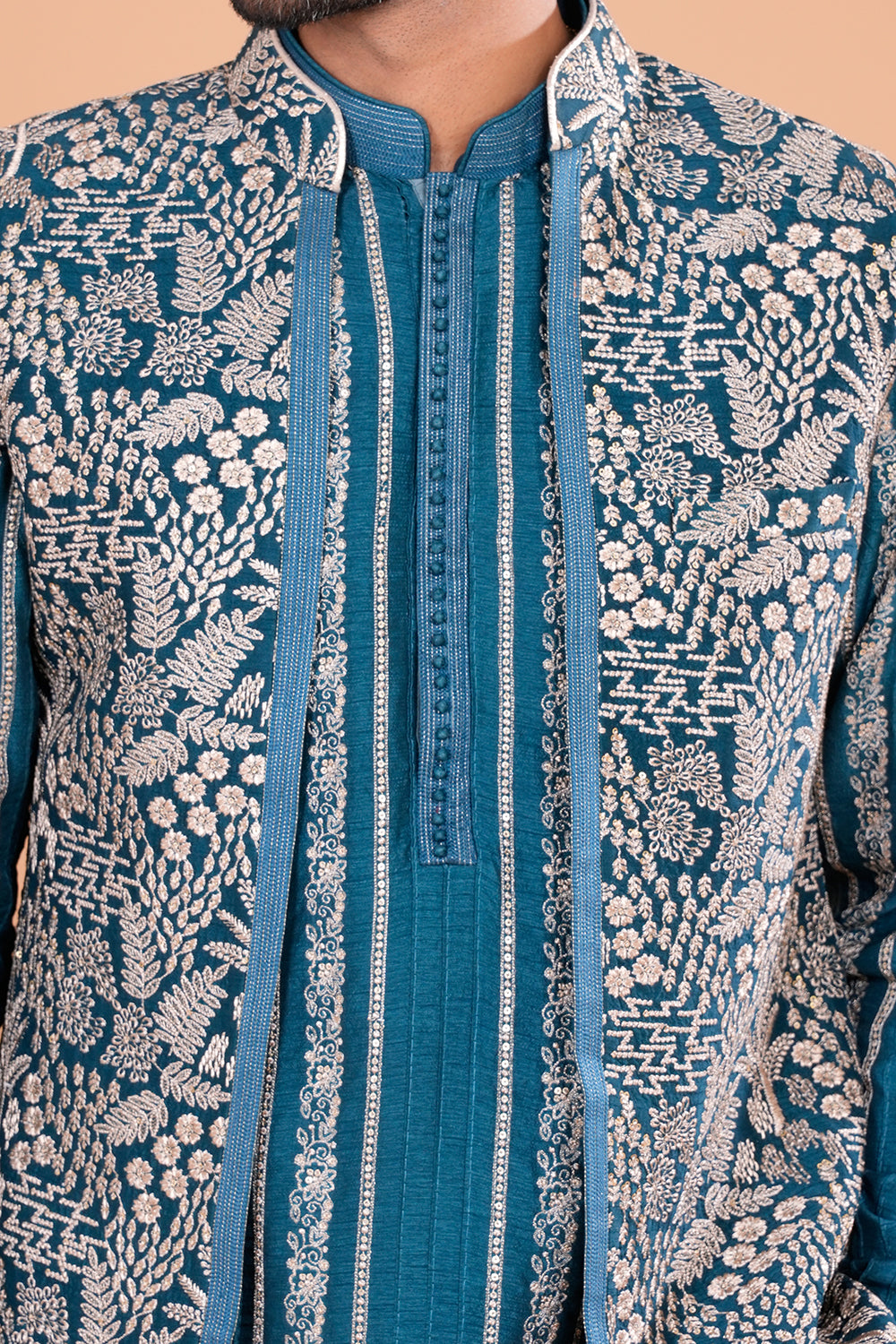 Teal Embroidered Statement Bundi Set