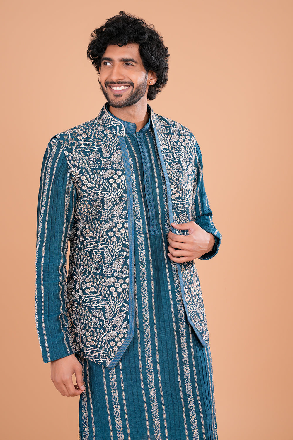 Teal Embroidered Statement Bundi Set