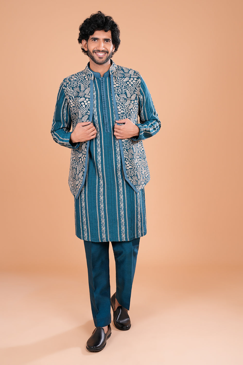 Teal Embroidered Statement Bundi Set