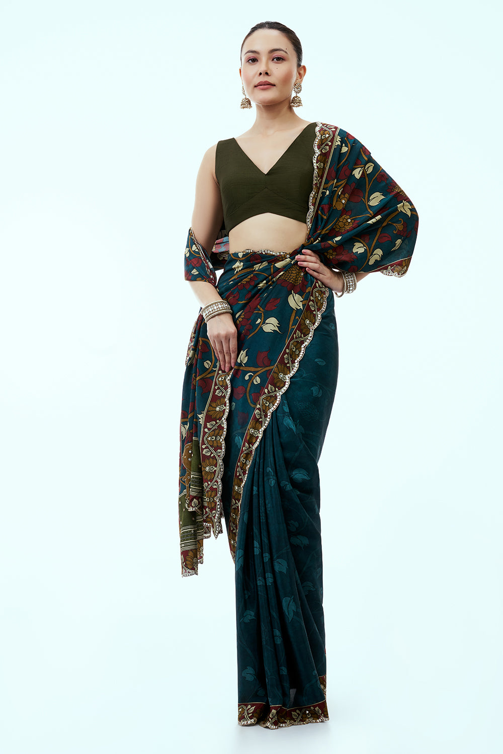 Teal Floral Print Saree with Sequin Border and Unstitched Blouse