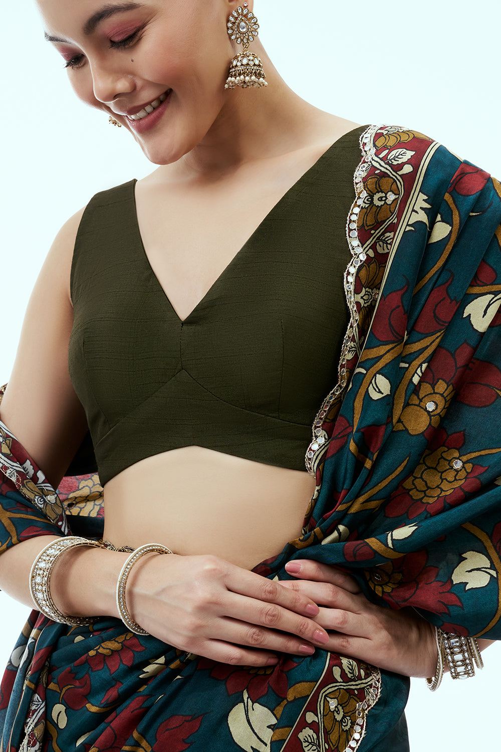 Teal Floral Print Saree with Sequin Border and Unstitched Blouse