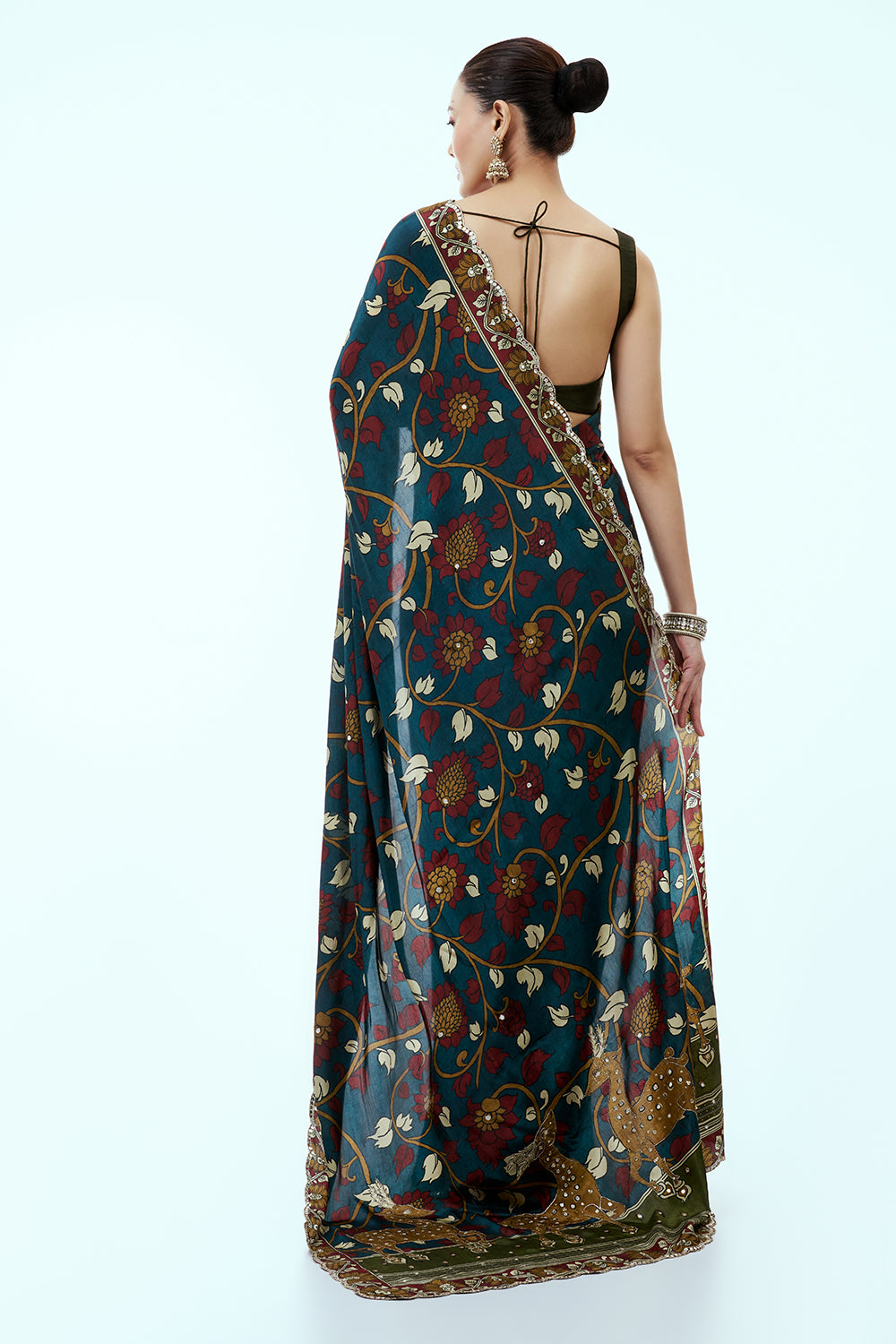 Teal Floral Print Saree with Sequin Border and Unstitched Blouse