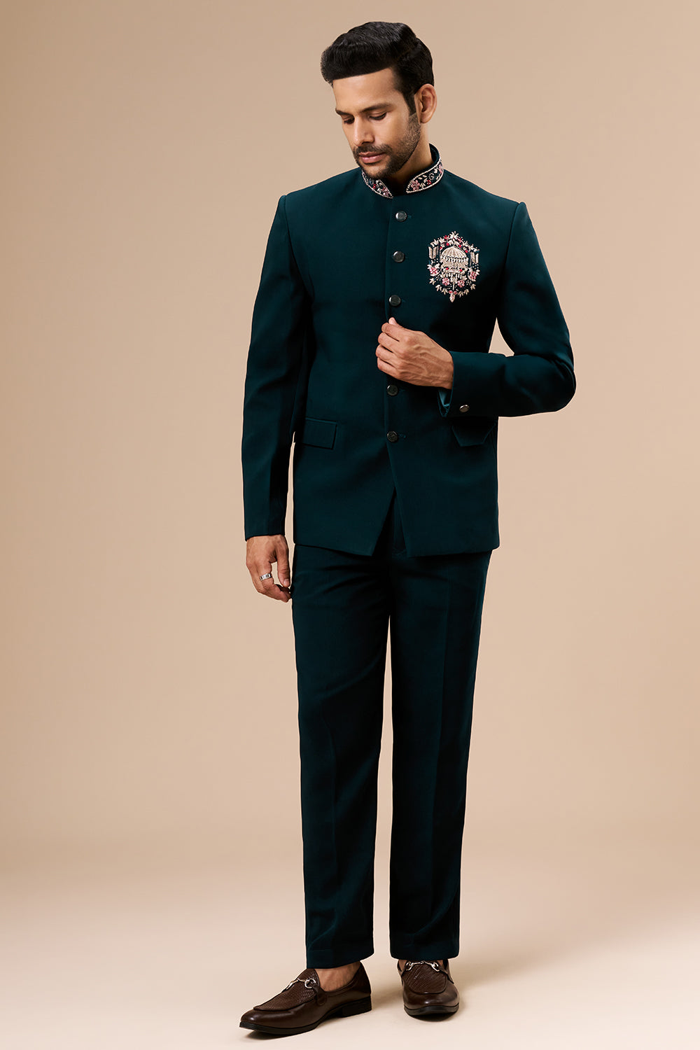 Teal Georgette Jodhpuri with Zari Medallian Motif