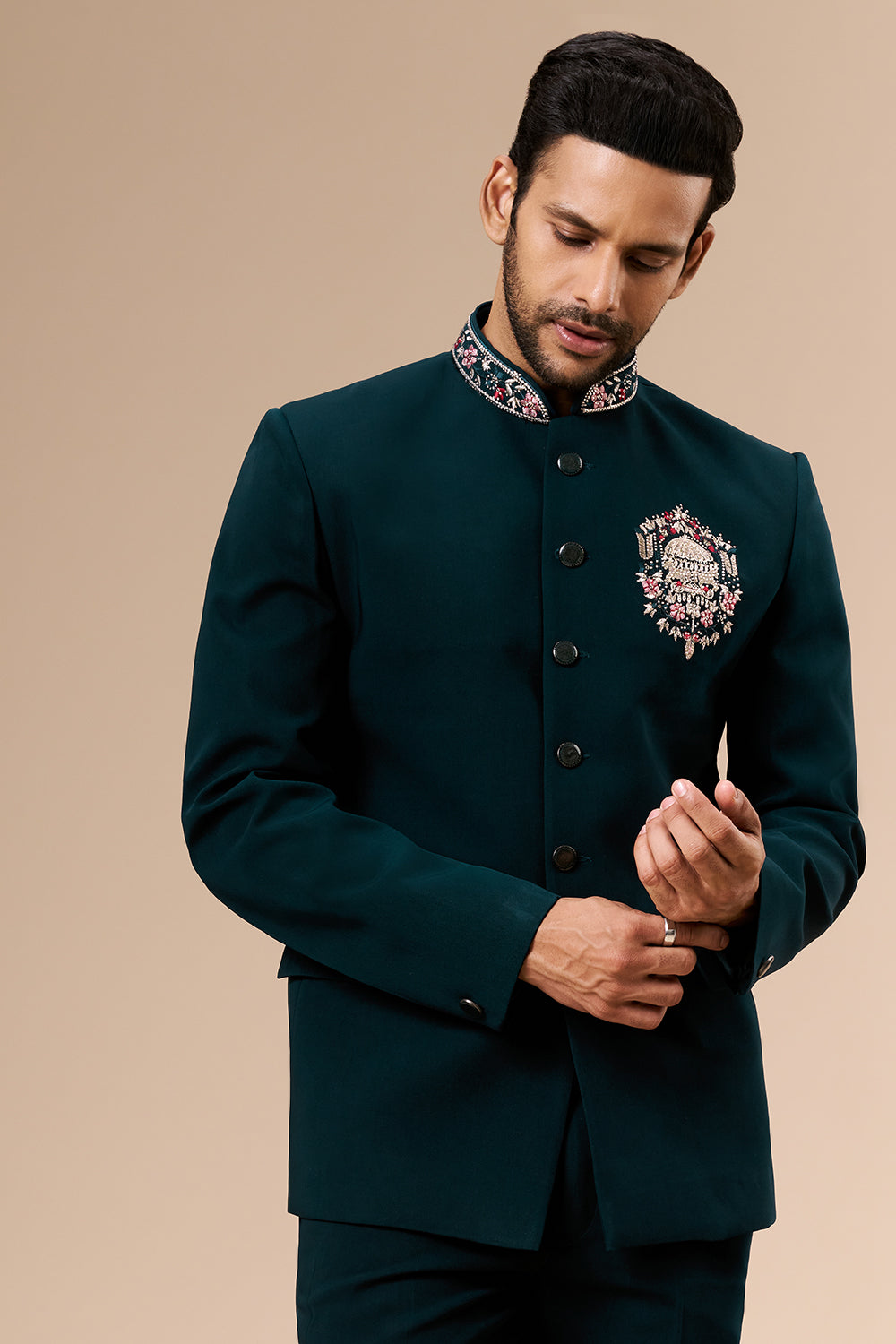 Teal Georgette Jodhpuri with Zari Medallian Motif