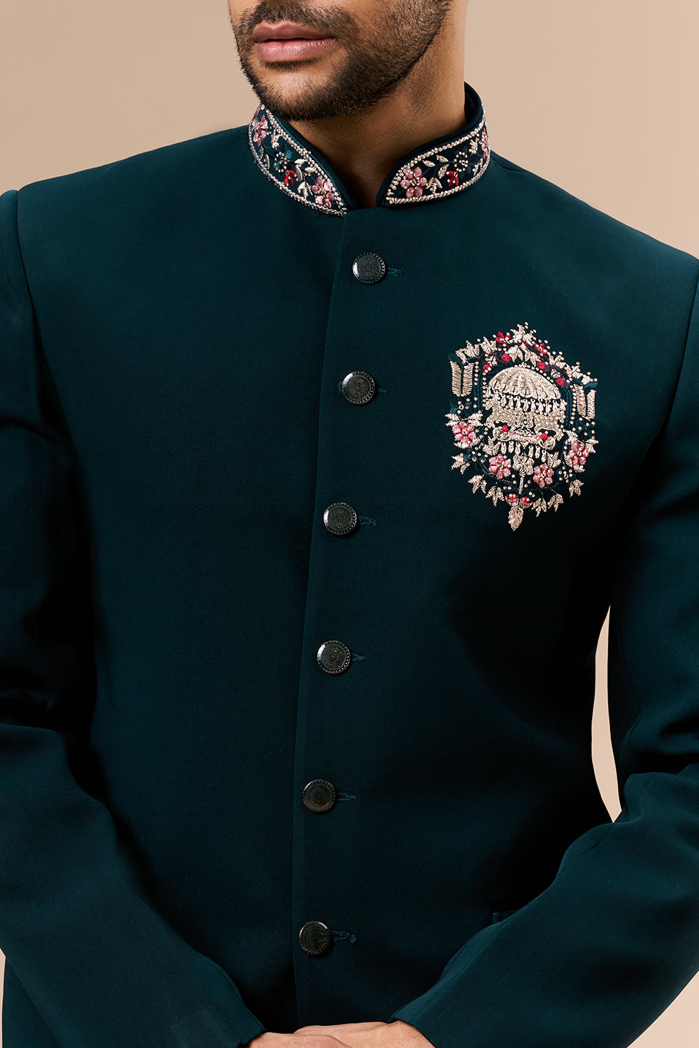 Teal Georgette Jodhpuri with Zari Medallian Motif