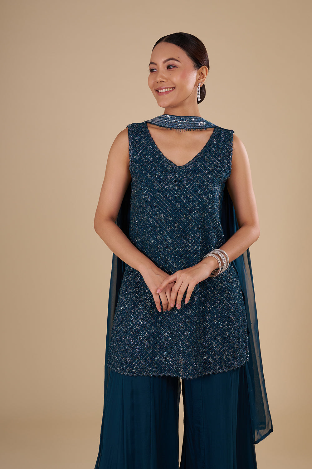 Teal Blue Georgette Embroidered Palazzo Set