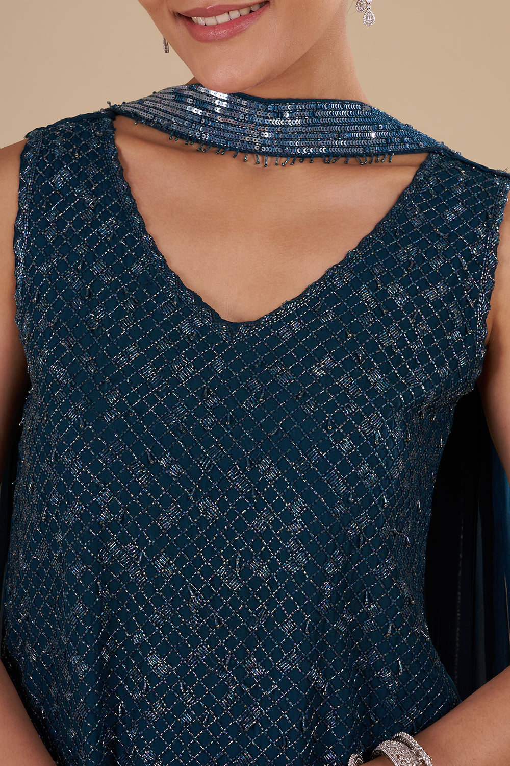 Teal Blue Georgette Embroidered Palazzo Set