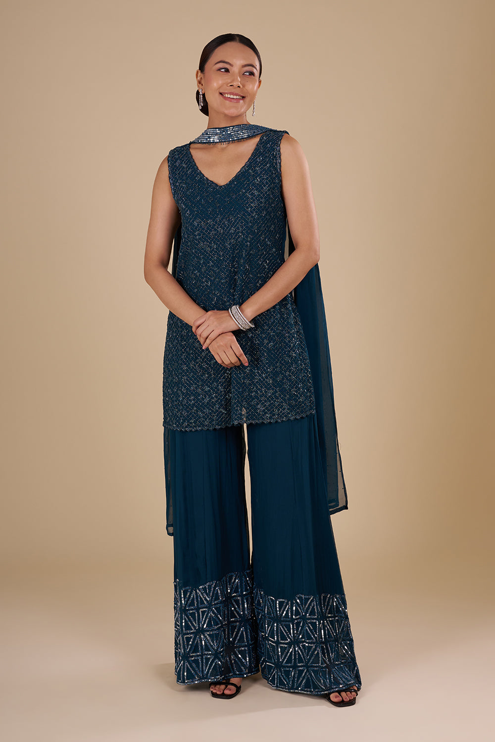 Teal Blue Georgette Embroidered Palazzo Set