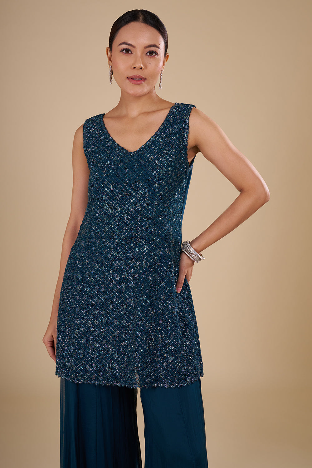 Teal Blue Georgette Embroidered Palazzo Set