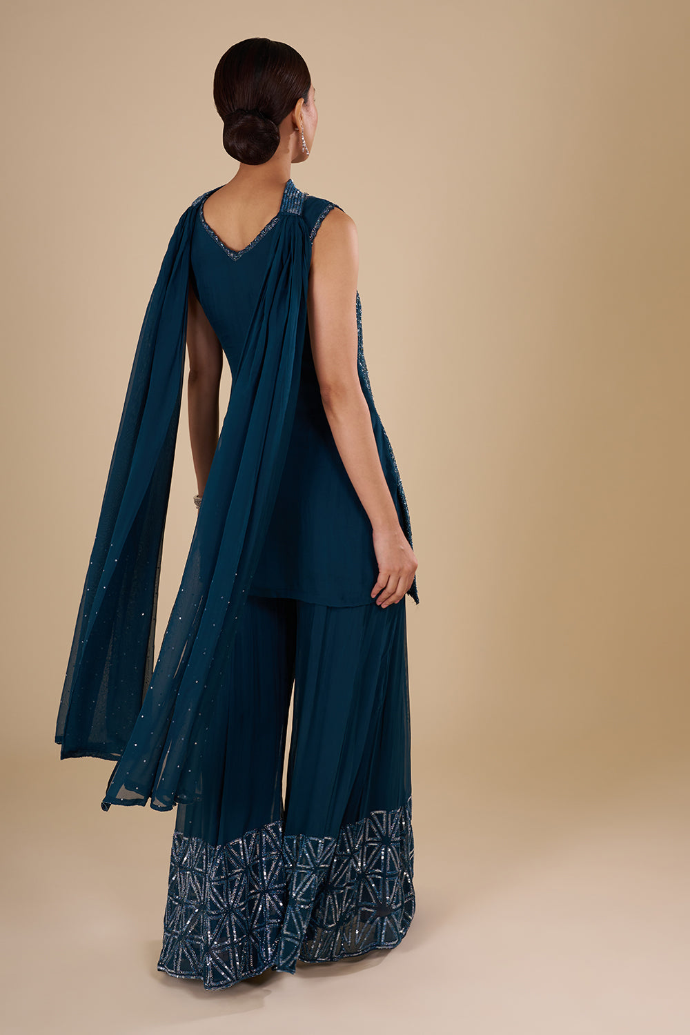 Teal Blue Georgette Embroidered Palazzo Set