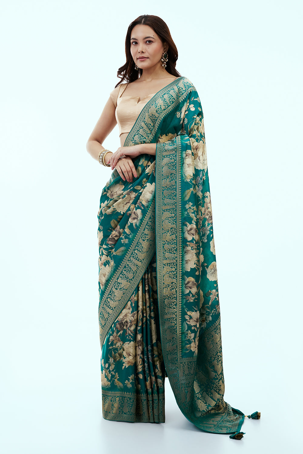 Teal Green Banarasi Silk Floral Print Saree
