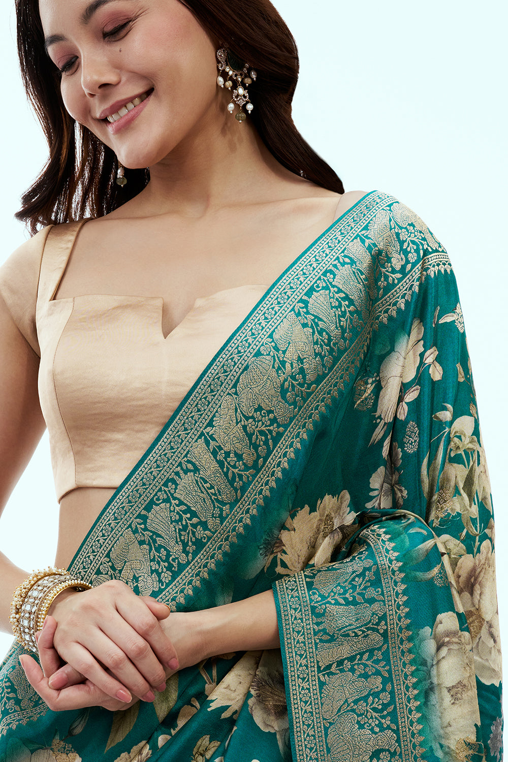 Teal Green Banarasi Silk Floral Print Saree