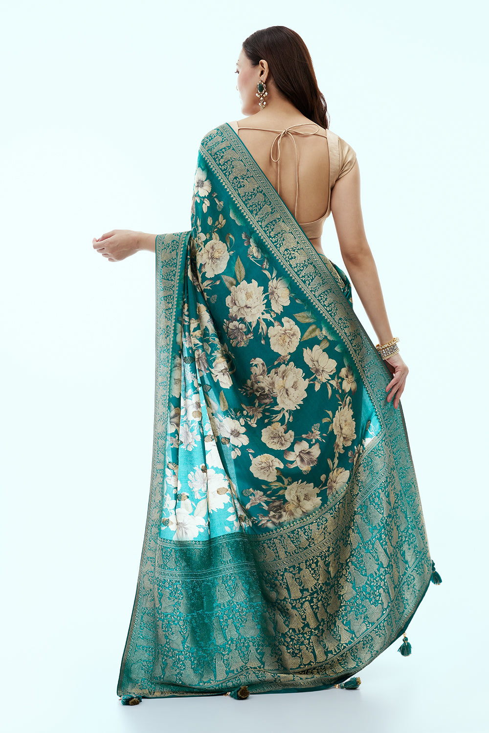 Teal Green Banarasi Silk Floral Print Saree