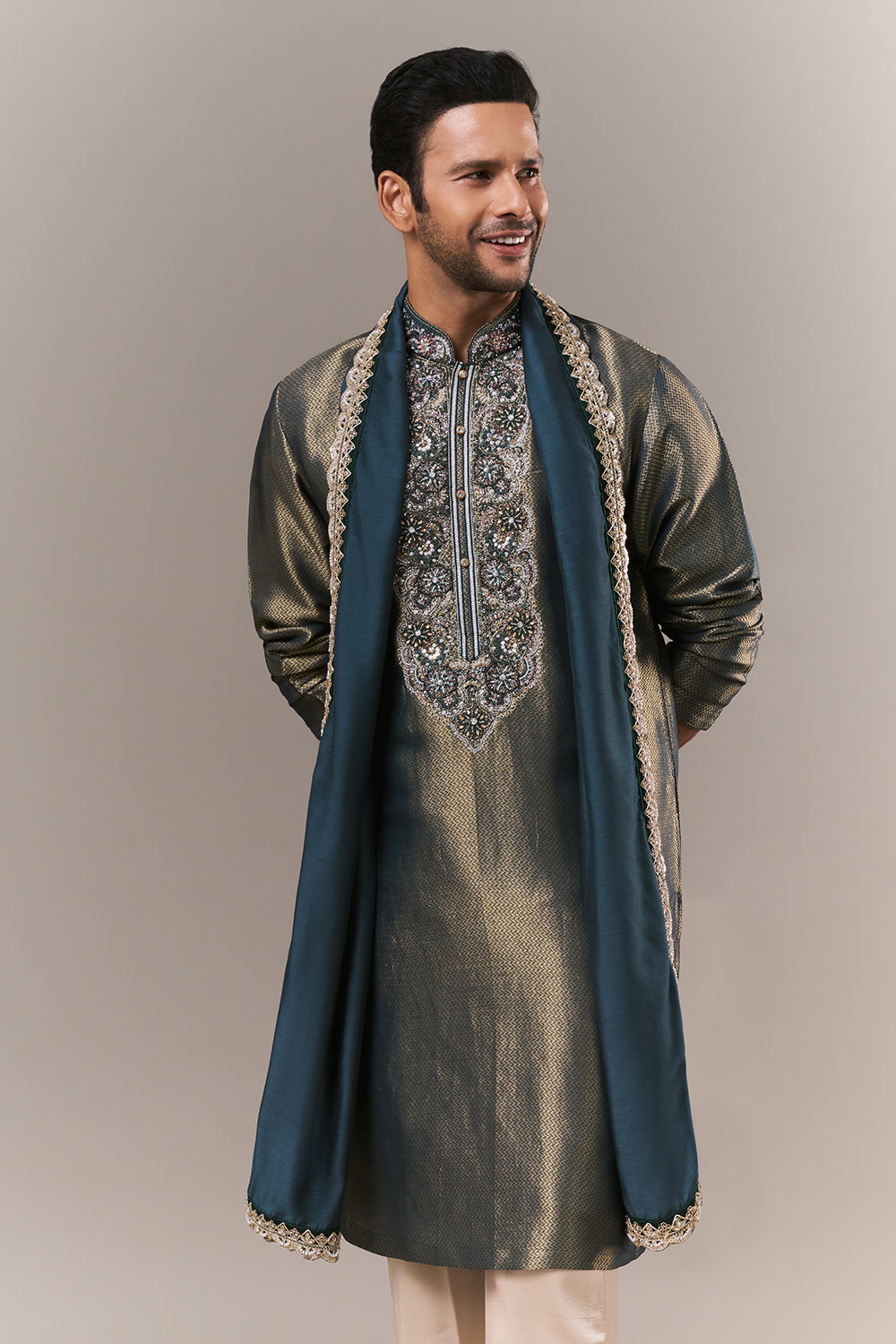 Teal Green Brocade Mens Kurta Set with Cutdana Embroidery
