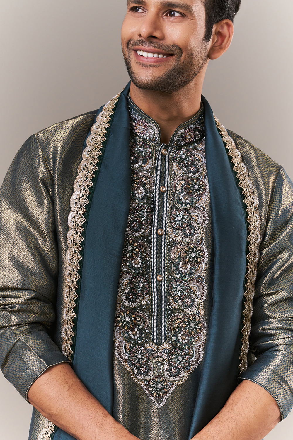 Teal Green Brocade Mens Kurta Set with Cutdana Embroidery