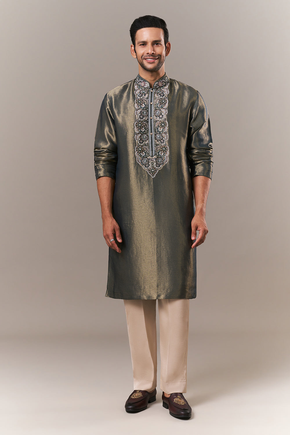 Teal Green Brocade Mens Kurta Set with Cutdana Embroidery