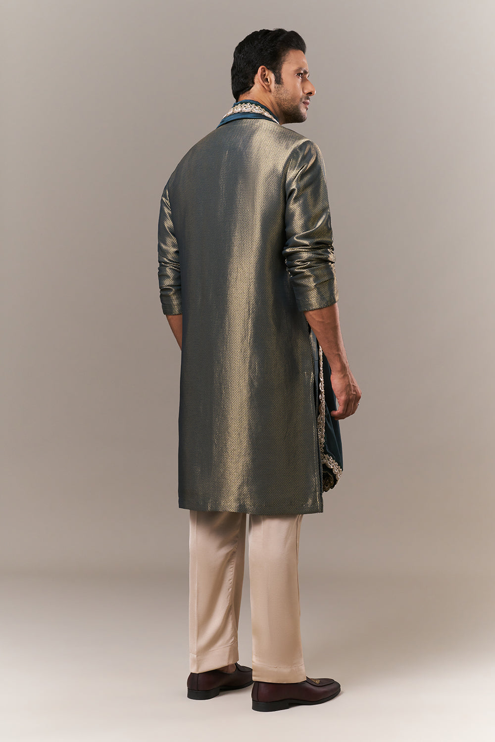 Teal Green Brocade Mens Kurta Set with Cutdana Embroidery