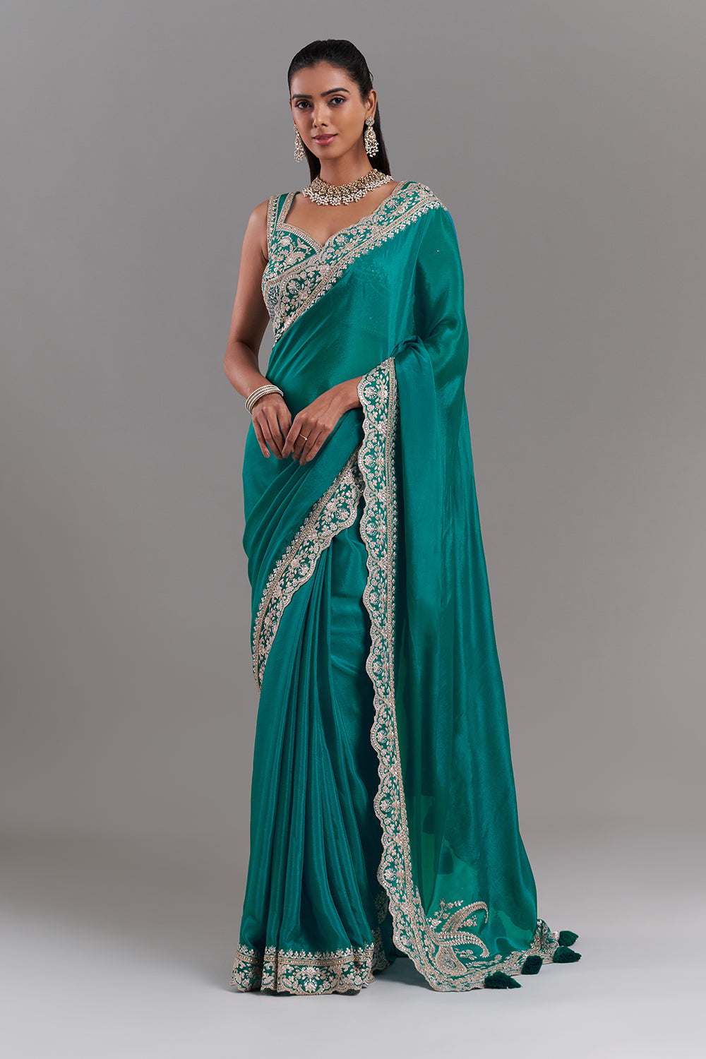 Teal Green Chiffon Saree with Stitched Blouse