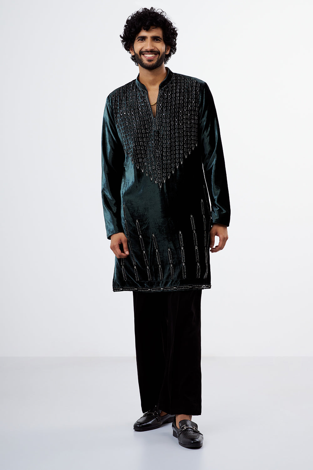 Teal Green Embroidered Velvet Men's Kurta Set